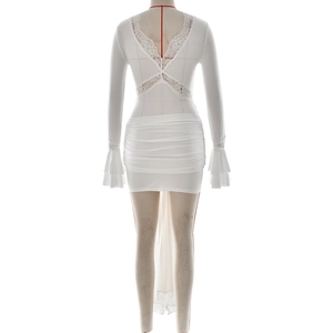 Detail view of white lace patchwork V-neck backless dress with ruffled sleeves