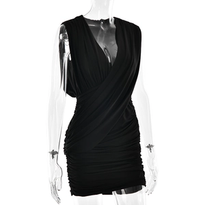 Detail of the deep V-neckline and ruched texture on this black sleeveless bodycon dress