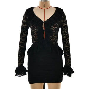 Elegant black lace long sleeve V-neck top and bodycon skirt set with ruffle trim