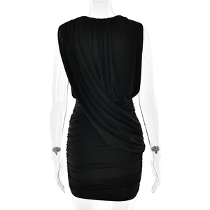 Close-up of ruched back detail and elegant draping on black sleeveless bodycon dress