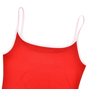 Detail of red slim fit dress showing pink contrast stitching on the shoulder strap