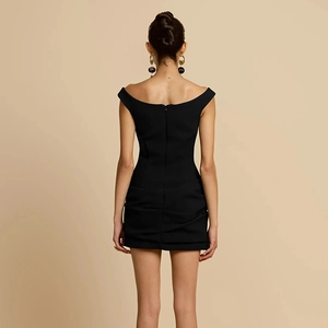 Back view of a sexy black off-shoulder bodycon mini dress with hidden zipper detail