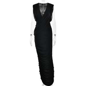 Elegant black sleeveless V-neck maxi dress with stylish ruching and a slim fit design