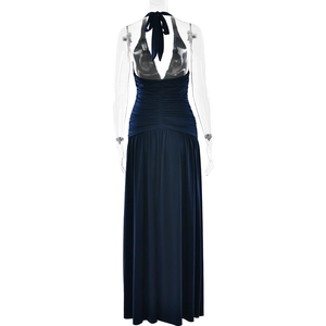 Detail view of navy blue backless evening dress with halter neck and elegant ruched waist