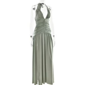 Detail of ruched waist design on a sage green sleeveless V-neck backless evening gown