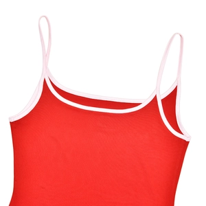 Close-up of red slim fit dress showing pink shoulder straps and neckline piping detail