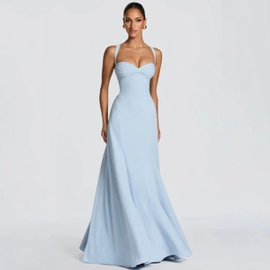 Elegant light blue bodycon evening gown with sweetheart neckline and ruched bodice details