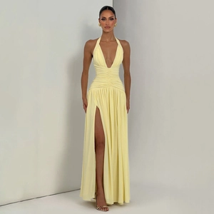 Women Sexy Halter V-Neck Ruched Maxi Dress High Slit Elegant Evening Gown Solid Color Polyester Party Dress