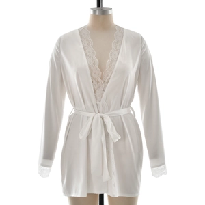 Short white satin robe with floral lace trim and waist tie for luxury loungewear