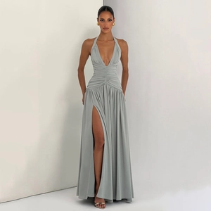 Elegant sleeveless V-neck halter gown with pleated waist and high side slit detail