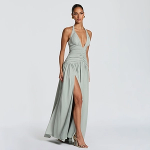 Sage green halter V-neck evening maxi dress with waist pleats and high leg slit