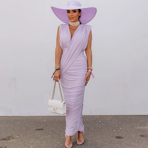 Elegant lavender V-neck sleeveless ruched bodycon maxi dress for women in a sleek slim fit