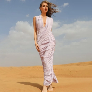 Elegant lavender V-neck sleeveless bodycon maxi dress with ruched details in desert setting