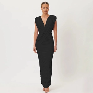 Elegant black ruched maxi dress with deep V-neck and slim fit sleeveless design for women
