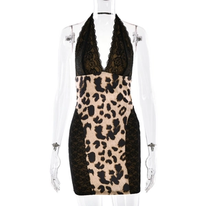 Sexy leopard print halter neck dress with black lace splicing and slim fit bodycon silhouette
