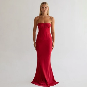 Robe Maxi Corset sans Bretelles pour Femmes Satin Plissé Lacets Dos Nu Robe de Soirée pour Mariage Fête Élégant Sexy Moulante