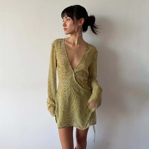 Détail de mini robe transparente à imprimé zèbre avec décolleté en V et cordon de serrage