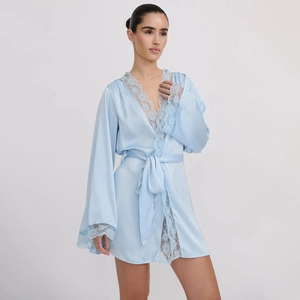 Elegant light blue satin robe for women with lace trim and waist tie for a silky look