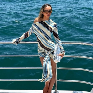 Women Sexy One Shoulder Striped Mini Dress Long Sleeve Asymmetric Bodycon Party Dress Metal Ring Tie Waist Summer Vacation