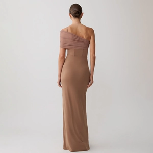 Back view of elegant one-shoulder ruched dress with cutout and slimming mermaid tail