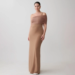 Detail of the one-shoulder neckline and horizontal pleats on this slim fit evening gown