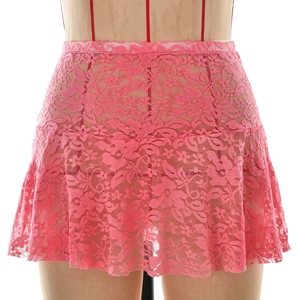 Schicker transparenter Minirock aus rosa Spitze mit Blumenmuster und Rüschen am Saum