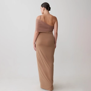 Detailed view of the elegant khaki one-shoulder ruching and layered mesh fabric of this dress