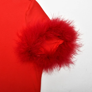 Vue détaillée des plumes rouges sur les poignets d'une robe moulante à col haut