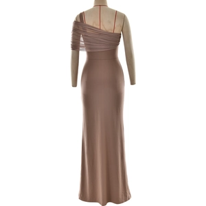 Detail of elegant mauve off-shoulder gown featuring pleated mesh ruffles and slim fishtail cut