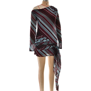Detail of metal ring and drawstring side on striped one-shoulder mini dress