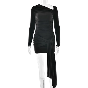 Sexy black one-shoulder ruched mini dress with long sleeves and side tie details