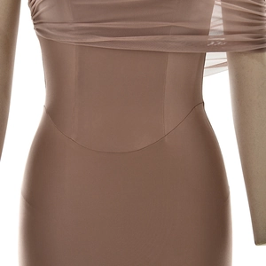 Detailed close-up of ruched mesh texture and waist draping on this slim fit bodycon dress