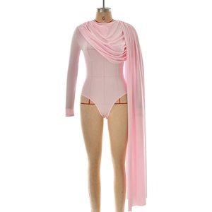 Slim fit light pink long sleeve bodysuit with elegant asymmetric draped cape design