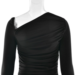 Detail of black one-shoulder top with elegant side ruching and asymmetrical long sleeve
