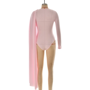Detail view of pink slim-fit bodysuit with elegant long shoulder sash and sheer texture