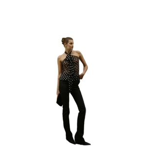 Elegant polka dot halter neck sleeveless chiffon top for women in classic black and white
