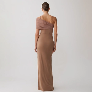 Mocha one-shoulder fitted evening dress with pleated mesh and mermaid hem back view
