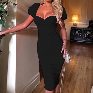 Sexy black bodycon midi dress with ruched design and puff sleeves for evening parties