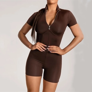 Slim fit dark brown romper with stand collar and zipper detail for casual wear