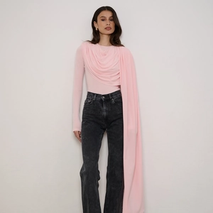 Slim fit asymmetrical long sleeve bodysuit with draped neck detail and denim pants
