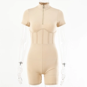 Detail view of beige slim fit bodysuit featuring a half-zip collar and corset-style stitching