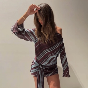 Off-shoulder striped mini dress with a waist ring detail and long sleeves in satin