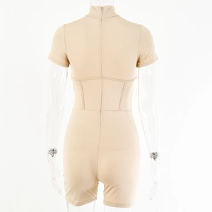 Rear view of beige short sleeve bodysuit featuring high neck and invisible back zipper