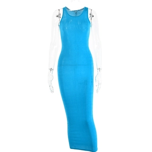 Slim fit bright blue sleeveless bodycon maxi dress in high elastic knit fabric