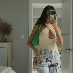 Women Sexy Criss Cross Halter Top Solid Color Hollow Out Keyhole Crop Top Sleeveless Slim Fit Polyester Tank Top Streetwear