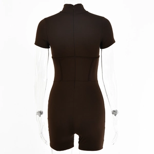 Detailed back view of brown slim fit bodysuit with high neck and invisible rear zipper