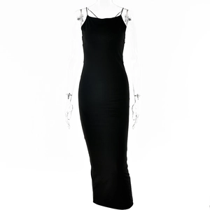 Detail of slim fit black slip dress with thin spaghetti straps and straight neckline
