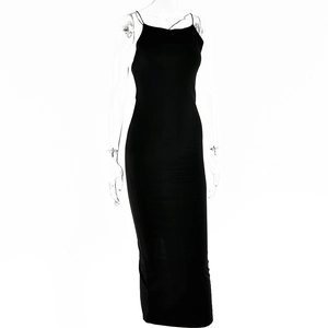 Detailed view of elegant black slim-fit maxi dress featuring thin spaghetti straps
