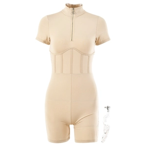 Slim fit beige bodysuit romper with high collar and front zipper detail for women
