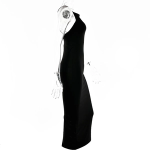 Side view of a slim-fit black maxi dress with an elegant side slit on a mannequin